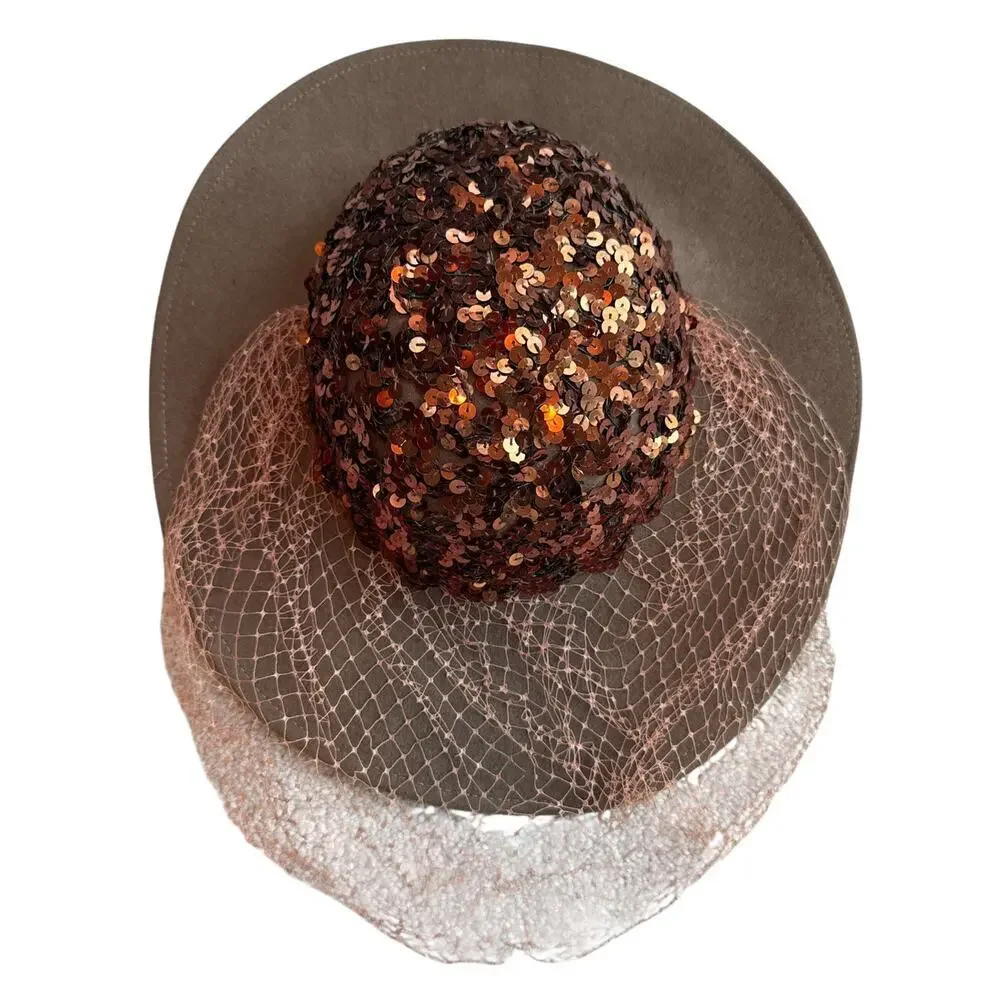 VTG 60's Coco Brown Millinery Wool Felt Sequin Tilt Cartwheel Hat Tea Party
